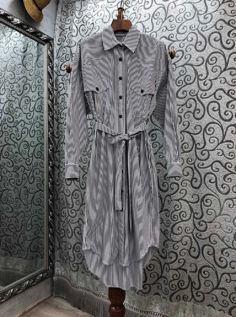 

100%Cotton Striped Dress 2020 Autumn Fashion Style Women Turn-down Collar Chest Pocket Patchwork Casual Long Shirt Dress Belt