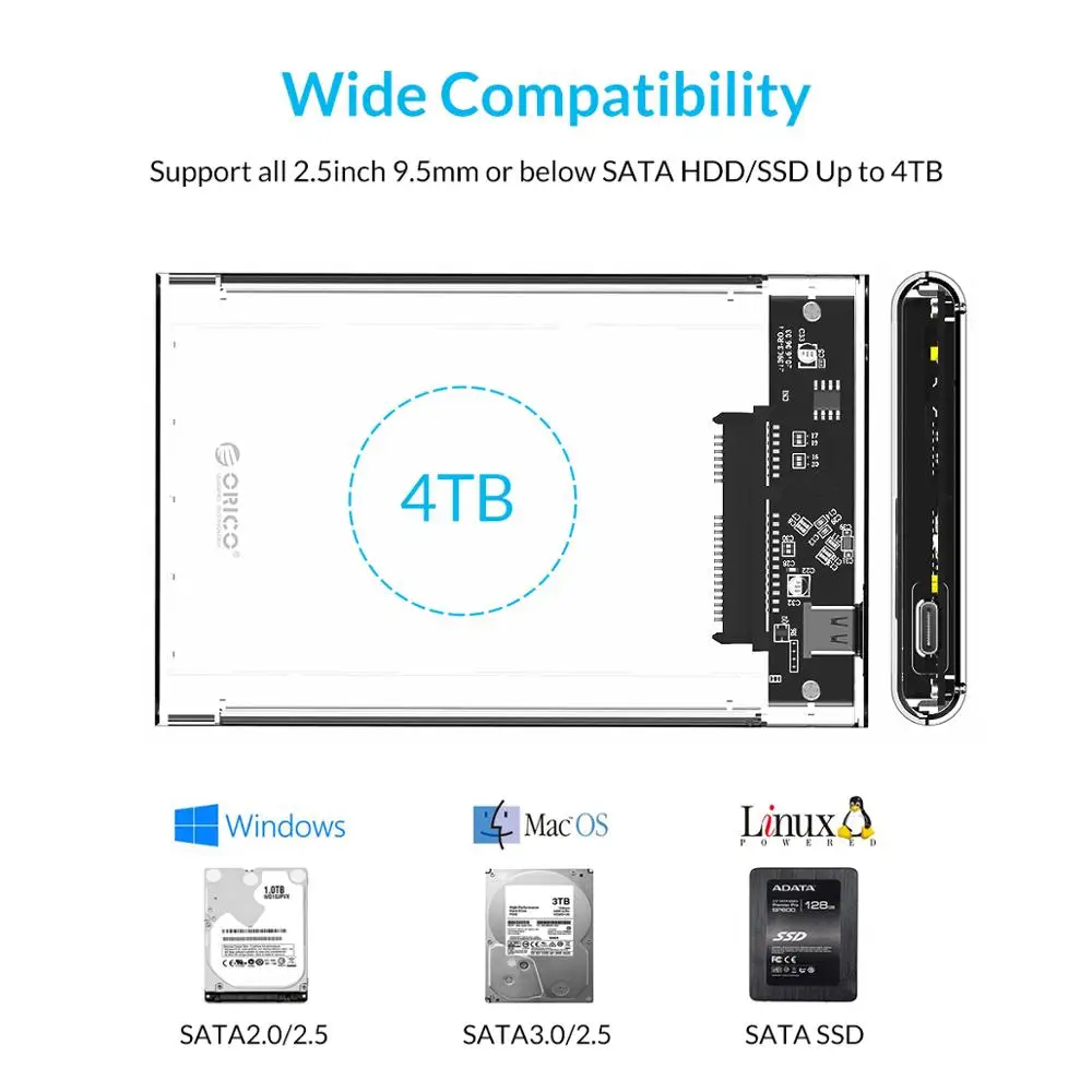 Прозрачный чехол ORICO для жесткого диска/SSD 2 5 дюйма Type C SATA на USB3.1 Gen2 10 Гбит/с корпус