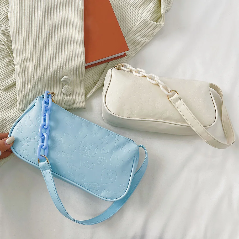 

2021 New Vintage Pattern Shoulder Bag Retro Women Cartoon Embossing Solid Color Chain Casual Shoulder Underarm Bags