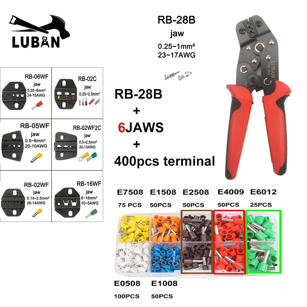

Crimping pliers kit RB-48B RB-28B hands tools with replaceable jaws and tubular terminals for connectors