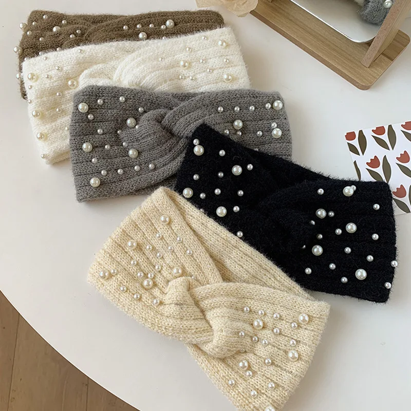 

Fashion Winter Women Pearl Headband Spiral Double Knitted Wide Hairband Headwear White Black Solid Warm Headband For Women Girls
