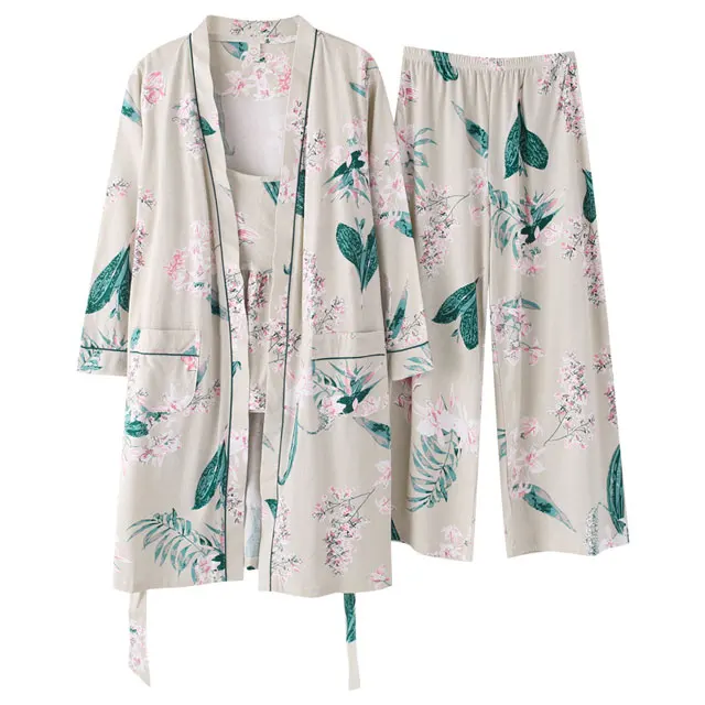 2019 весенне-осенние женские пижамные комплекты из 3 предметов с цветочным принтом