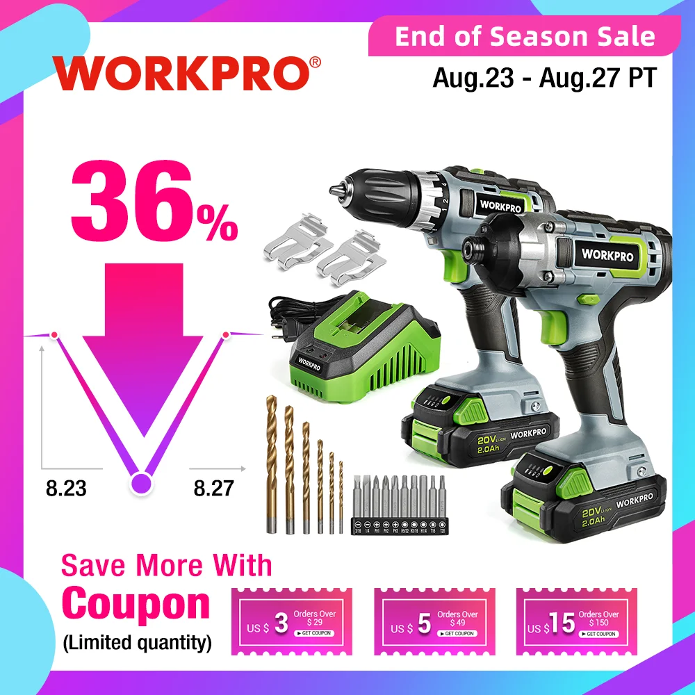 

WORKPRO 21PC 20V Li-ion Cordless Compact Drill Driver Set and Impact Driver Set Including 2 Fast Chargering Batteries Power Tool