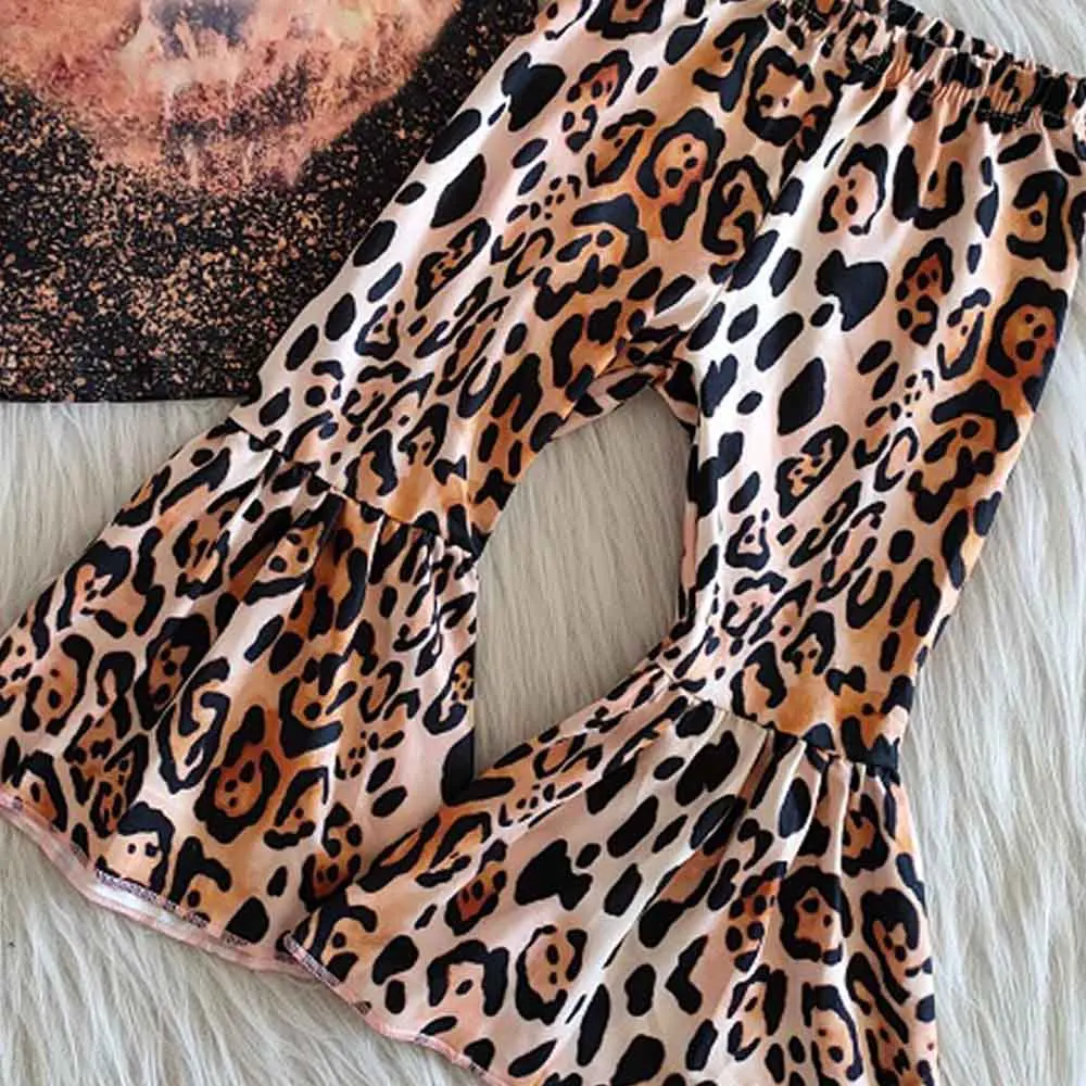 

New Paint Letter Print Outfit Girls Wear Fall Short Sleeve Shirt Pant Outfit Boutique Leopard Bells Baby Clothes Set