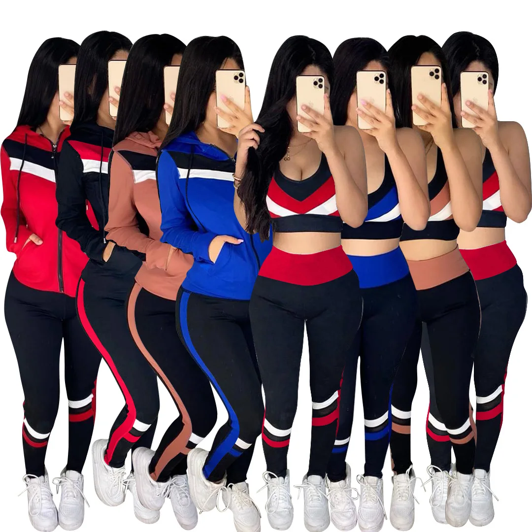 

Women's clothing Women's clothing Stitching hooded vest Leisure sports suit 3-piece suit