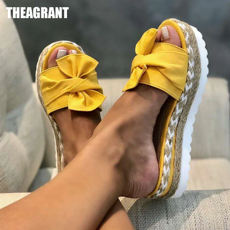 

THEAGRANT Hot Shoes Women Slippers Platform Summer Roma Beach Slides Bow Flax Ladies Casual Flat Shoes Big Size 35-43 WSL3036