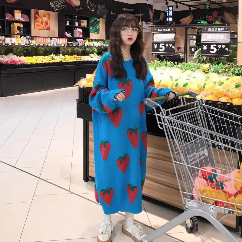 Kawaii розовый свитер длинный участок большого размера клубничный пуловер свитер зима женская корейская версия трикотажа осень теплая новая одежда