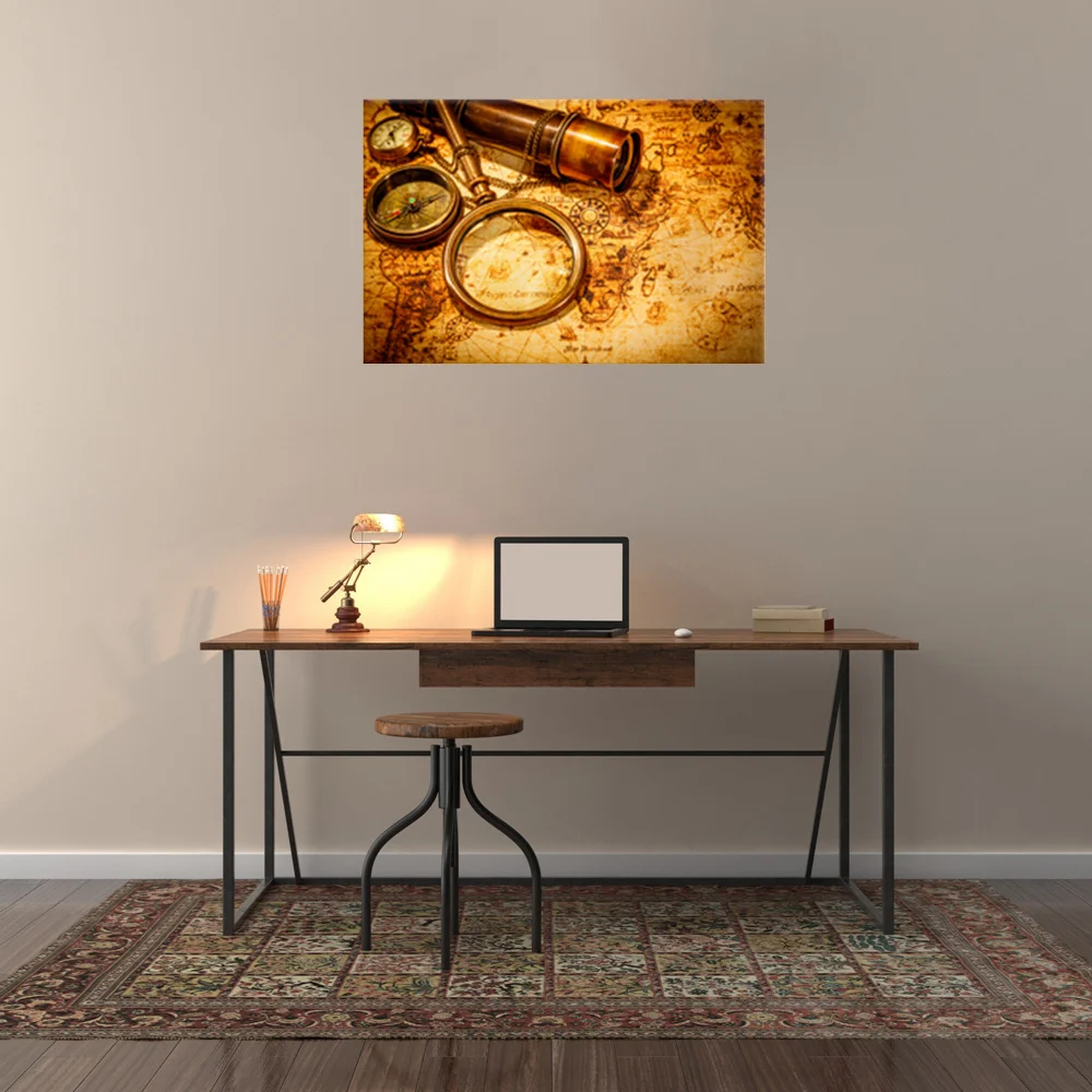 

Vintage World Map Wall Art Home Decor Antique Brass Sailing Compass Picture Adventure Ocean Map Poster Office Wall Decor