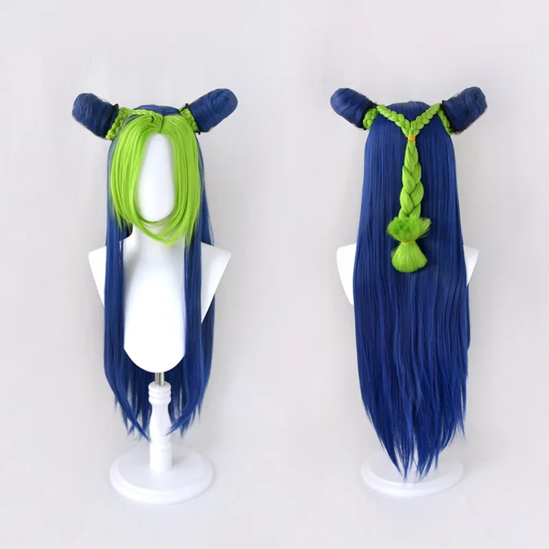 

Длинный парик для косплея Джоджо «Невероятные приключения Джоджо», зеленые синтетические волосы для женщин, с косами в виде булочек на Хэллоуин, 80 см