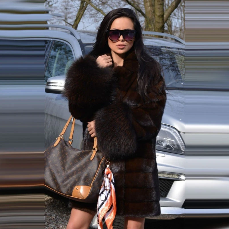 TOPFUR Clearance Price Fashion Real Fur Coats With Raccoon Fur Cuff Women Long Whole Skin Fur Coat Winter Mink Fur Jackets