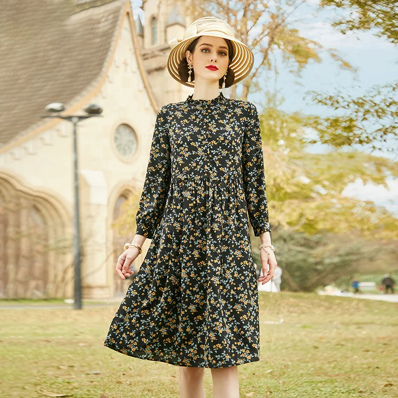 

SHZQ Chiffon Dress Women's Middle and Long Style Foreign Style Waist Closing in Autumn 2021 New Fashion Nine Point Sleeve Printe