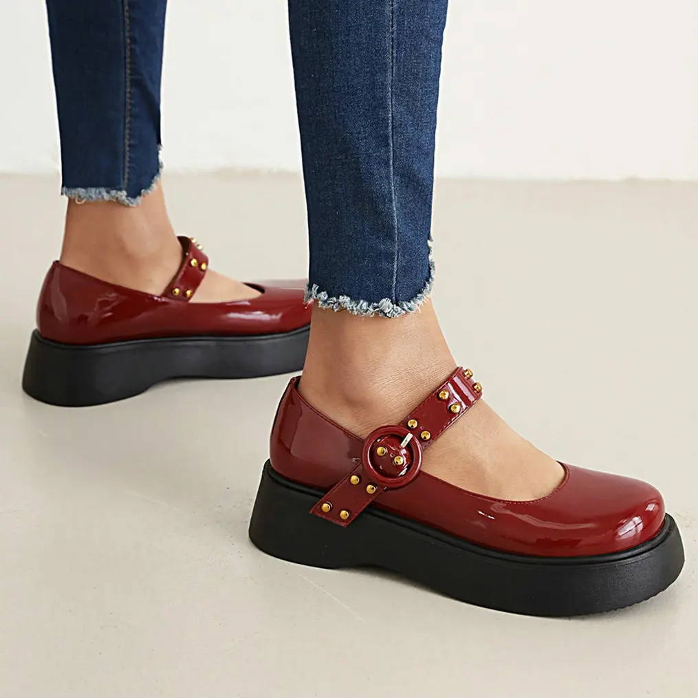 Eokkar 2022 Women Black Shool Uniform Shoes for Girls Patent Leather Mary Janes Wedges Heel Buckle Japanese Shoes Casual Pumps
