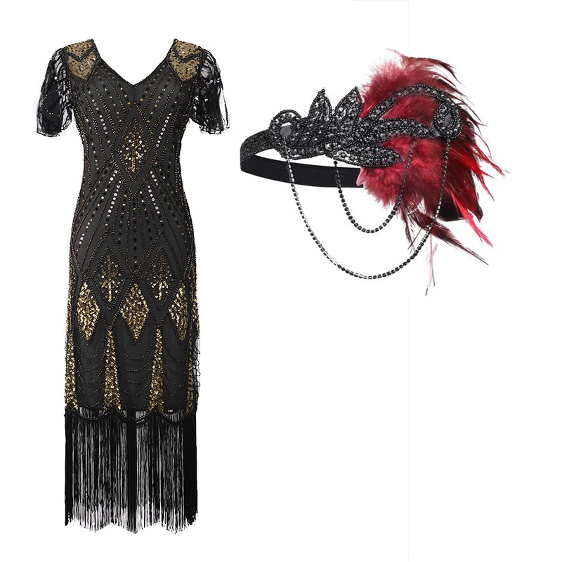 

Женское праздвечерние чное платье в стиле Гэтсби, с V-образным вырезом, бахромой и бисером, в комплекте с аксессуарами, 1920s