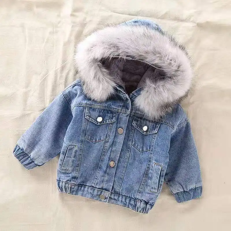 2019 Winter Baby Girl Denim Jacket Plus Velvet faux Fur Warm Toddler Outerwear Coat 1-8 Years Kids Parka girls coat | Детская одежда и