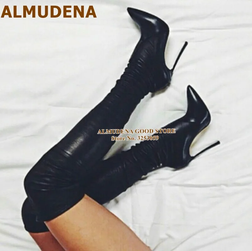 

ALMUDENA Top Brand Nude Black Metal Heel Over-the-knee Skinny Boots Gold Heels Pointed Toe Nightclub Dress Shoes Thigh High Boot