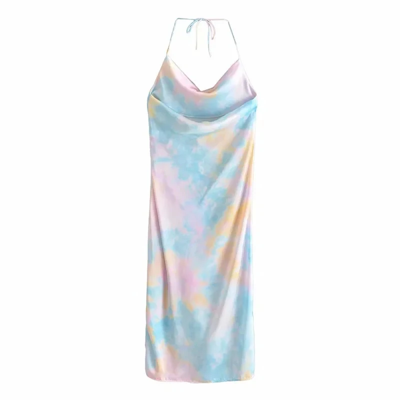 

Za 2021 Tie Dye Halter Long Dress Women Backless Slip Midi Summer Woman Dresses Ruched Elegant Sexy Party Dresses