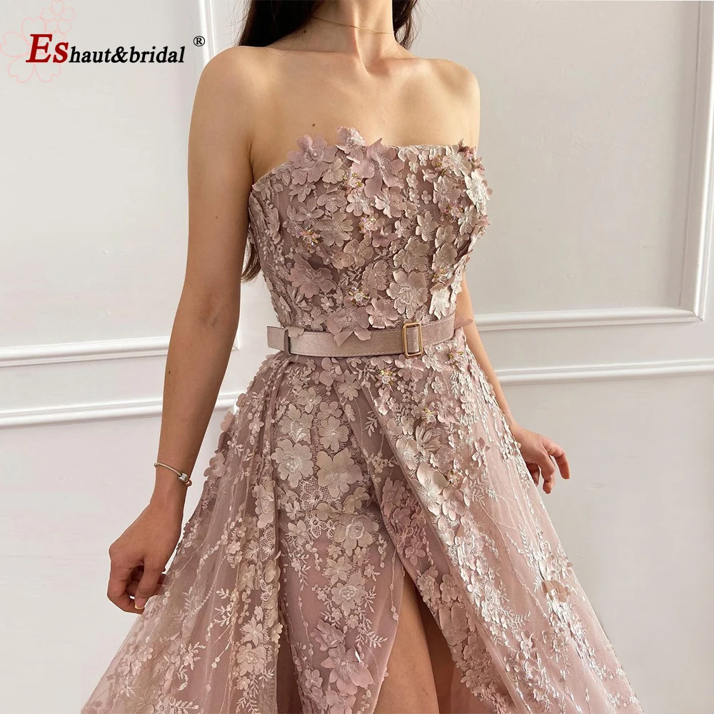 

Elegant Dubai Evening Dress for Women 2021 Strapless Mermaid Side Slit 3D Flower Lace Long Formal Party Gowns