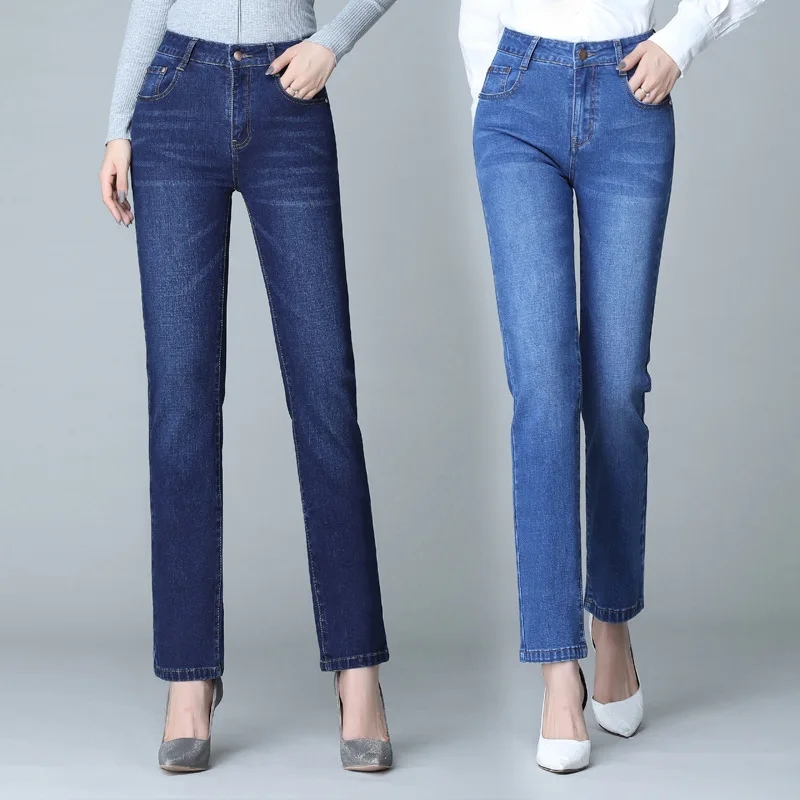 

50 Spring Autumn 2021 New Women's High-Waisted Jeans Loose Straight Tube Thin Large Size Pants Pairs Elastic Long Pants