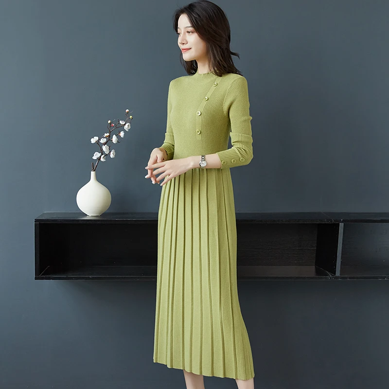 Женское трикотажное платье длинное свитер с высоким воротом и длинным рукавом