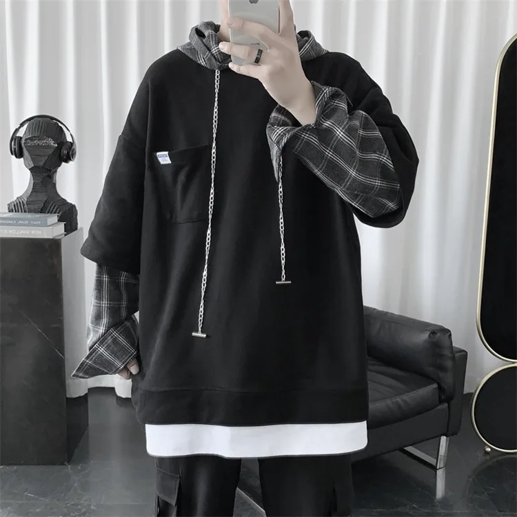 

Men's Fake Two-piece Hoodie Tide Brand Plaid Stitching Hooded Jacket Korean Version of Harajuku Autumn Loose Pullover Hoodies