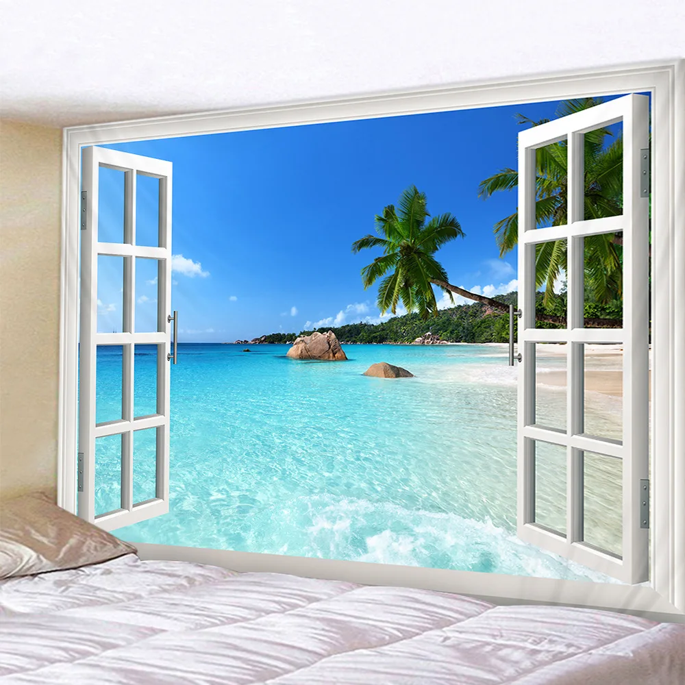 Настенный гобелен с изображением пейзажа снаружи окна дешевый хиппи настенный