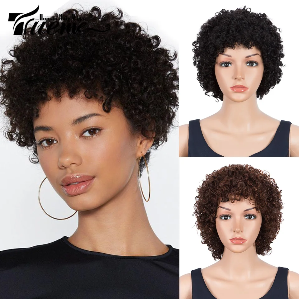 Trueme Curly Bob Human Hair Wigs For Women Brazilian Curly Remy Hair Wig Short Curly Pixie Cut Wig Mix Red Wine Brown Color