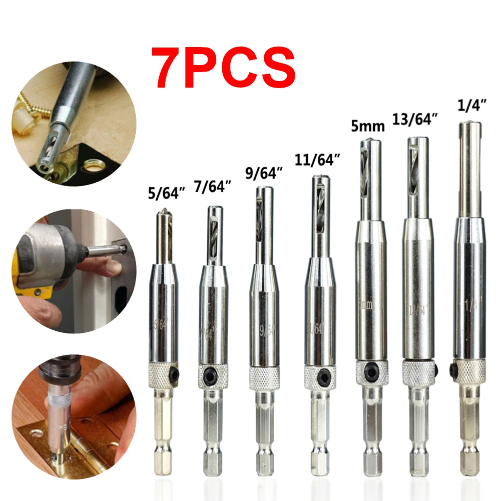 

7Pcs Self Centering Hinge Drill Bit Set Hole Puncher 5/64" 7/64" 9/64" 11/64" 5mm 13/64" 1/4" HSS Woodworking Tool Hinge Tapper