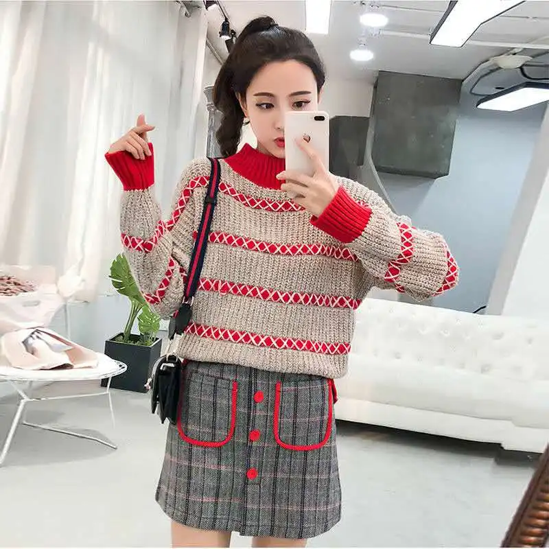 

Женские комплекты из двух предметов, вязаные свитшоты и мини юбки, тонкие комплекты для студентов колледжа, осенне-Весенняя женская одежда ...