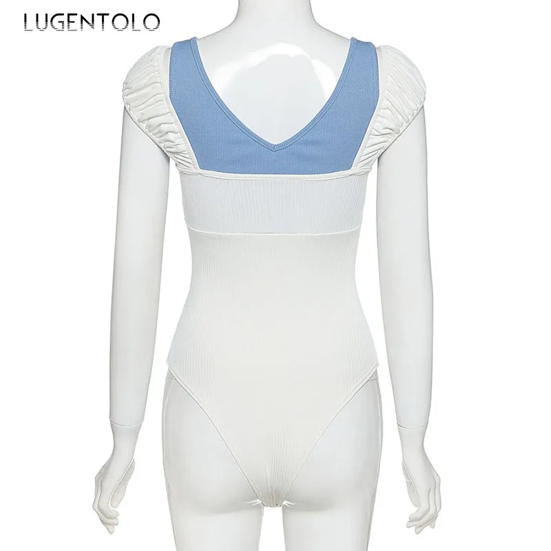 

Women Bodysuits Summer Sexy Short-Sleeved V-neck Stitching Fake Two-Piece Bottoming Slim-Fit Tassel Female Bodysuits Lugentolo