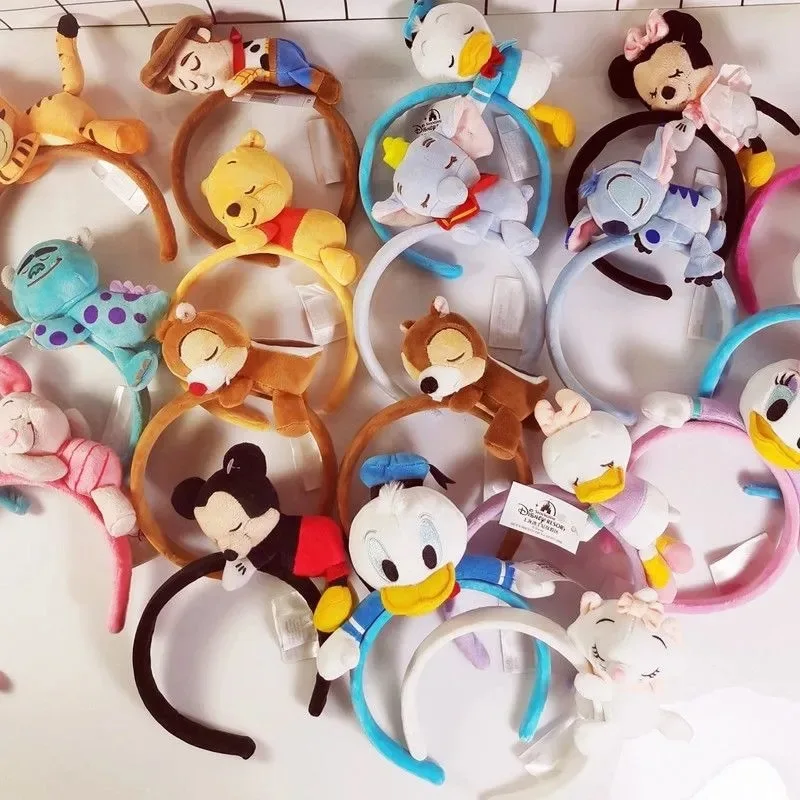 

New Disney Mickey Mouse Minnie Stitch Winnie Cartoon Sleeping Doll Toys Headband Hair Accessories Girls Toy for Party Decoration