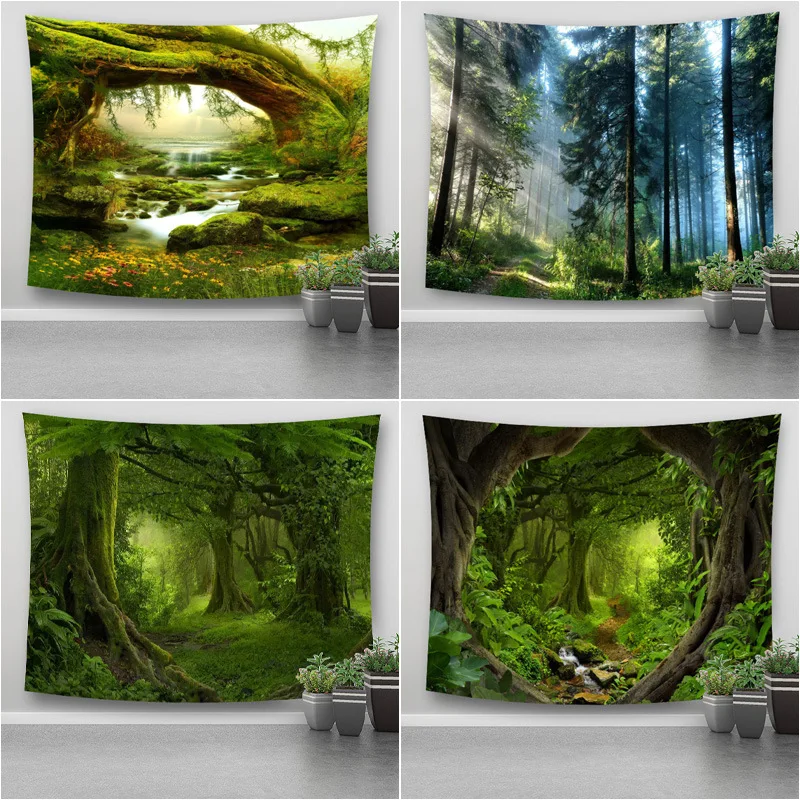 

Misty Forest Tapestry Wall Hanging Nature Landscape Tapestry Sunshine Through Tree Tapestries for Bedroom Living Room Dorm Decor