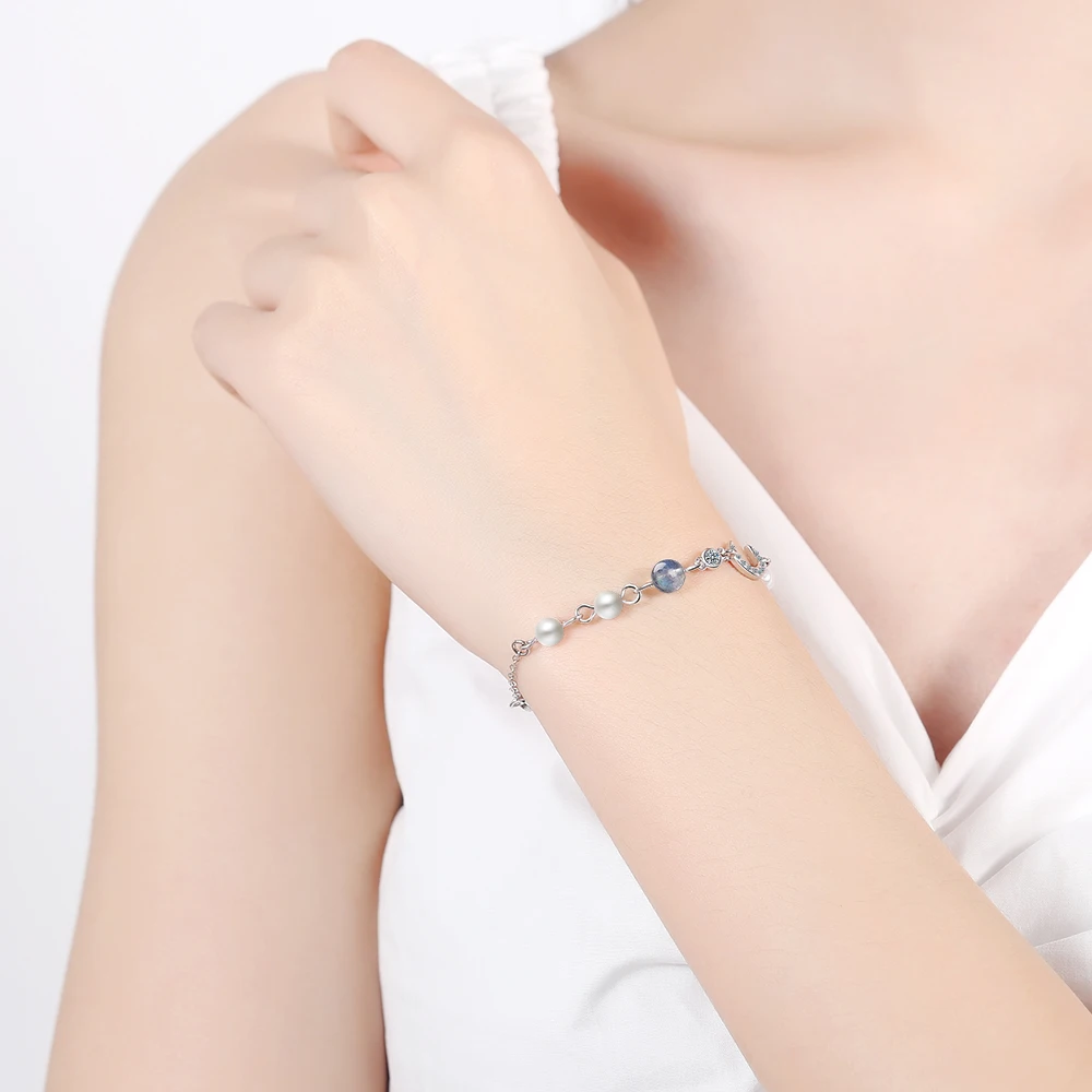 925 пробы серебряная Луна Звезда Imitationn жемчуг браслет с шармами Элегантный