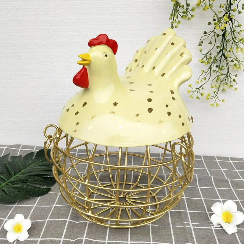 Yellow1 Металлическая корзина для хранения яиц и фруктов, керамическая с крышкой, большая емкость, сетчатая корзина для хлеба, украшение для курицы, органайзер, кухонная подарочная корзина - Цвет: Yellow1