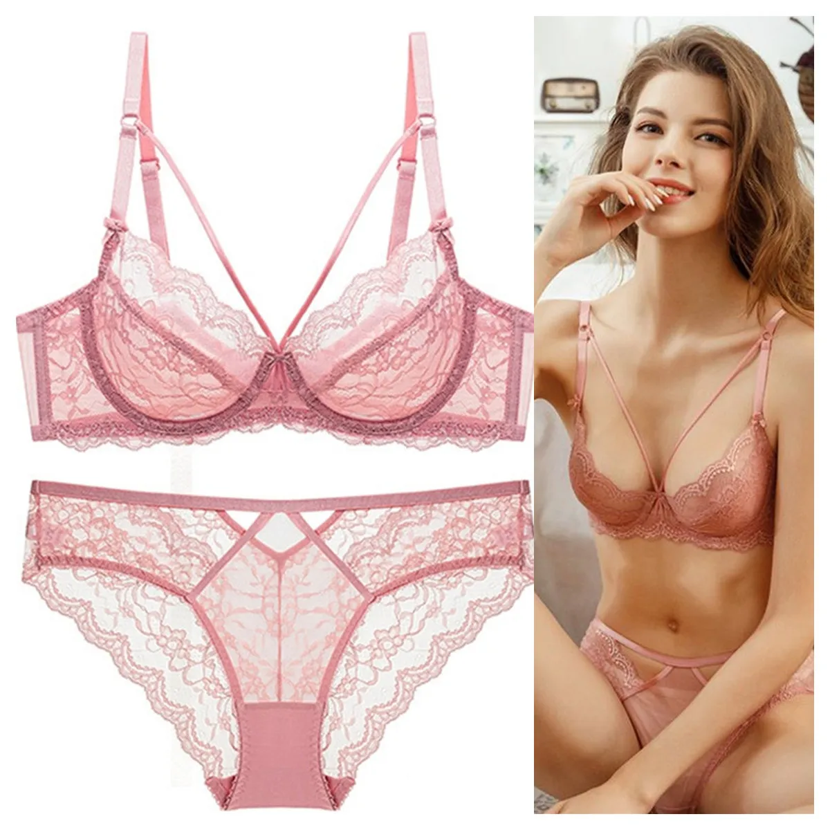 

French Sexy Lace Transparent Bra Panty Set Breathable Sheer See Through Push Up Women's Underwear Lingerie Set