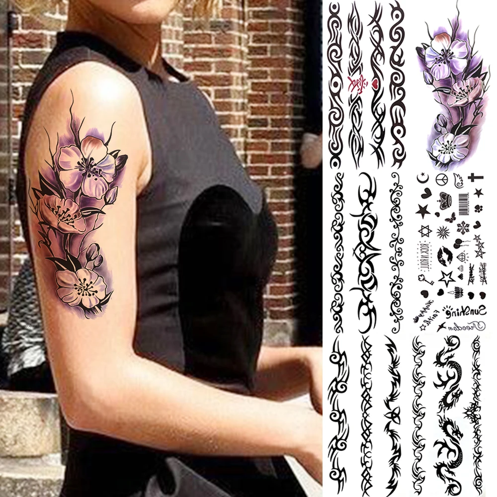 

Blooming Plum Flower Temporary Tattoos For Women Men Kids Realistic Totem Dragon Cross Balloon Tattoo Sticker Disposable Tattos