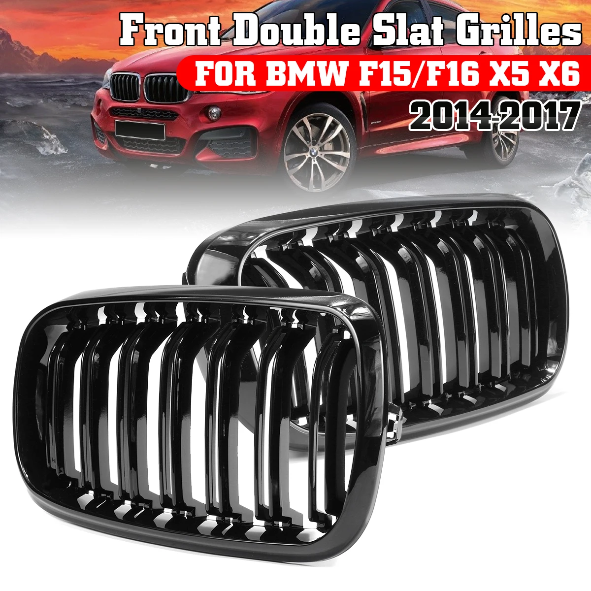 2Pcs Gloss/ Black Car 2 Slat Line Kidney Grille for BMW F15 F16 X5 X6 2014 2015 2016 2017 Car Styling Front Bumper Racing Grille