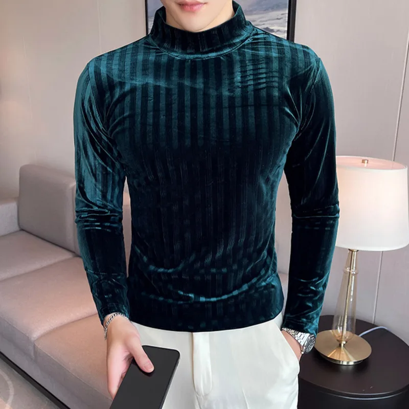 

2021 зимние Бархатные футболки Homme британский стиль мужская одежда фланелевые водолазки футболки мужские облегающие полосатые футболки с пр...