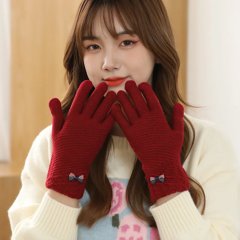 

2021 Cashmere Knitted Wool Winter Gloves for Men and Women Plus Outdoor Warm Windproof Touch Screen Bow Cycling Glove Mittens