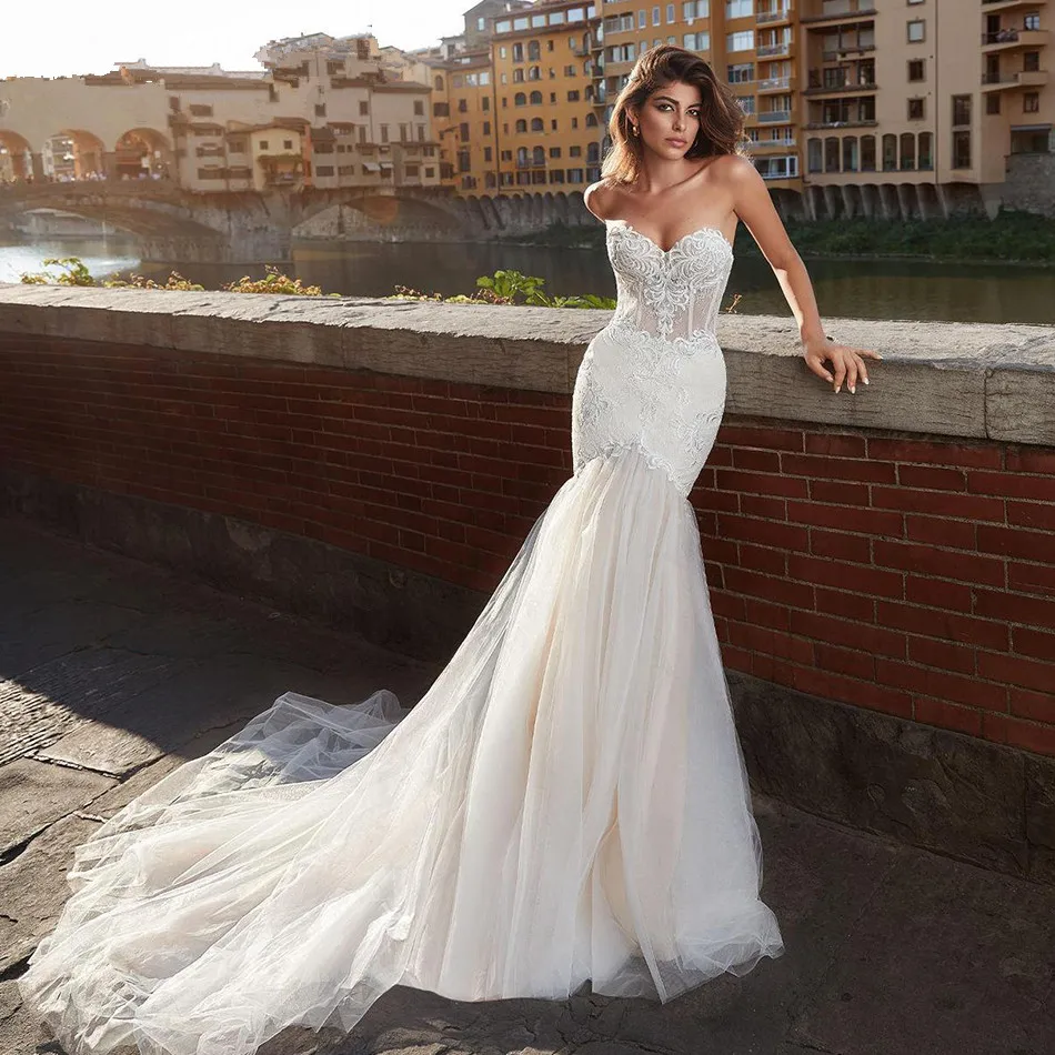 Vestido De Noiva мусульманские свадебные платья Русалка Милая Тюль Аппликации Кружева