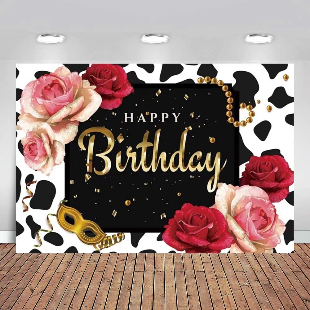 Birthday Background Happy Birthday Card Rose Flowers Photography Backdrop Banner Women Girls Adults Portrait Party Events Decor