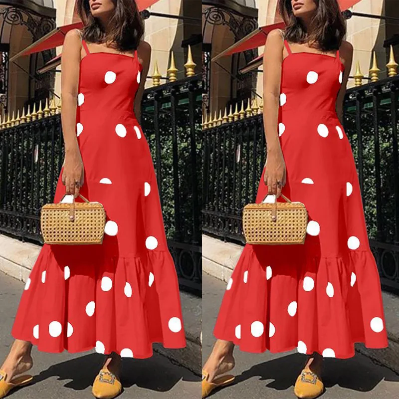 Платье женское праздничное в горошек пляжное макси стиле бохо милое для девочек