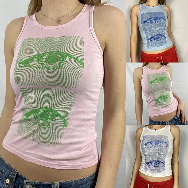 

New Arrival Eye Printed Crop Tops Sexy Women's Casual Summer Sleeveless Breathable Tank Tops Personalized Abstract Eye Print Top