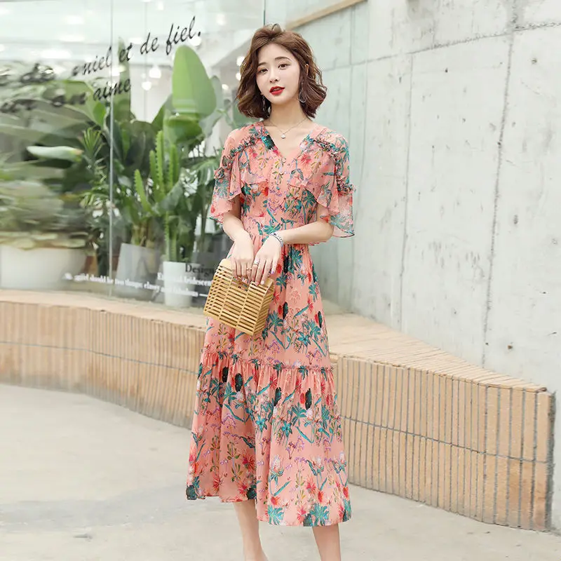 Плащ рукава шифоновое платье с цветочным принтом для женщин складки элегантное