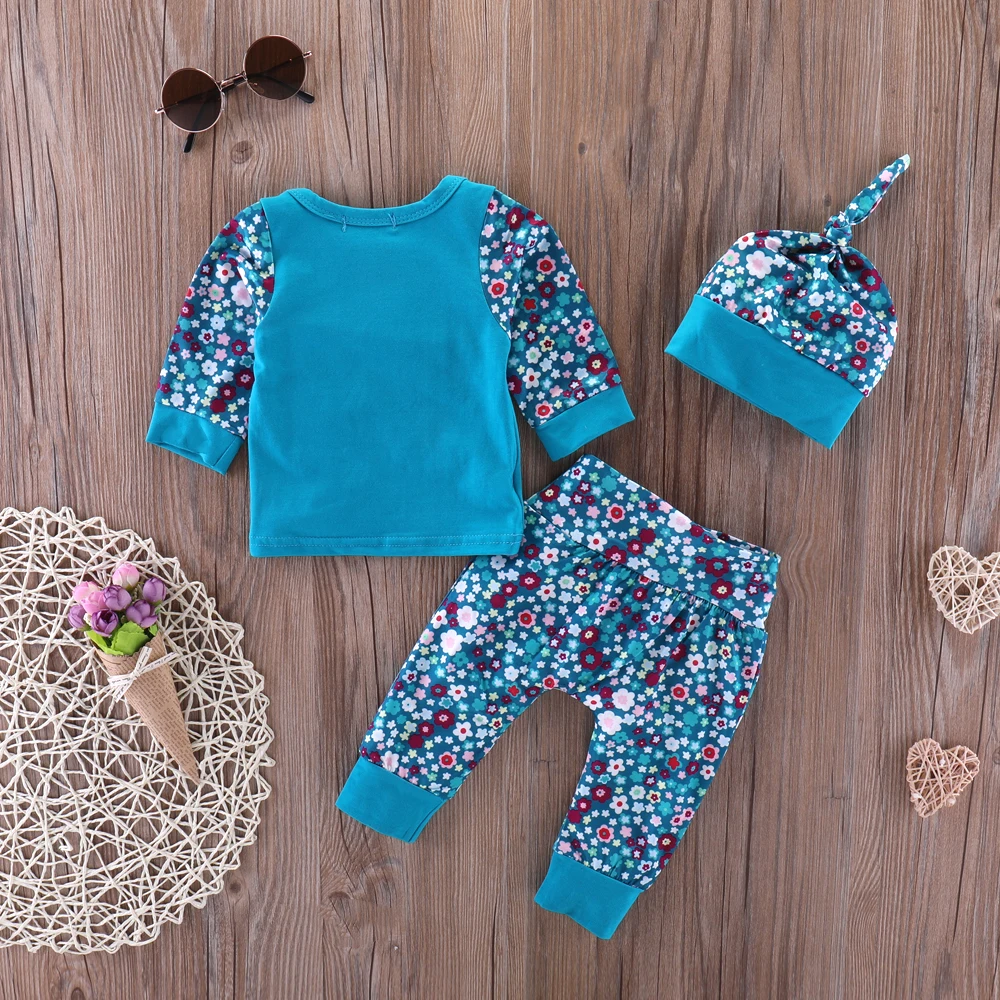 PatPat Comfy Floral HELLO WORLD Print Long-sleeve T-shirt Pants Hat Set in Blue for Baby Boy Expandable Shoulder 3-piece | Детская
