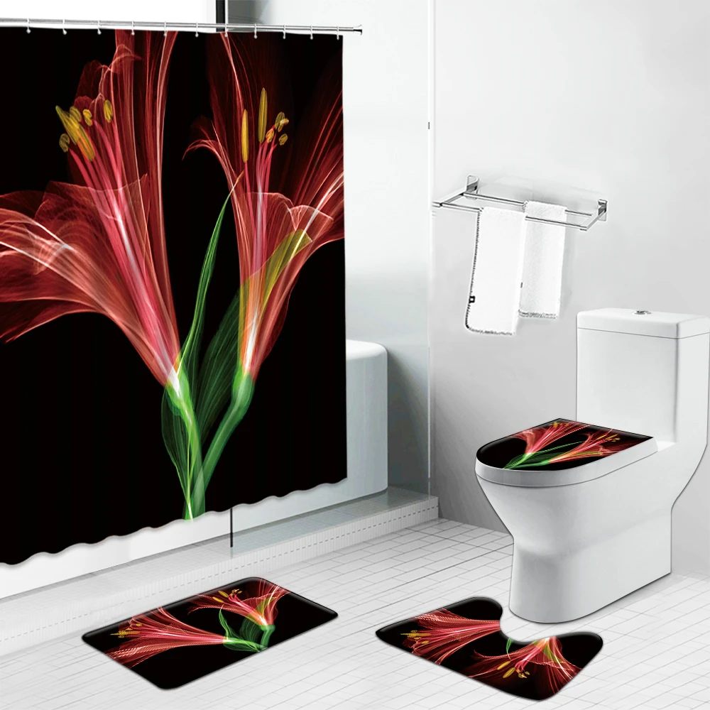 

Dandelion Sunflower Flower Print Shower Curtain Set Floral Plant Scenery Bathroom Screen Flannel Toilet Cover Mat Non Slip Rug