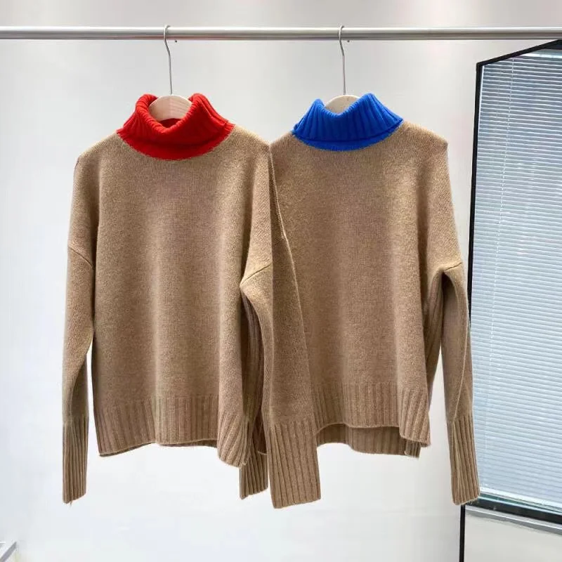 

High Quality Runway Design Sweater Women 2022 Spring Knitted Cashmere Color Patchwork Turtleneck Femme Pullover Sweater