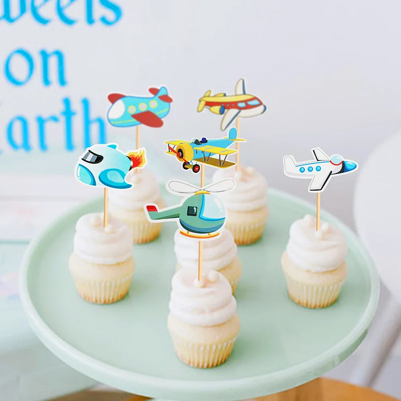 Figuras de cupcakes de avi&oacute;n de 12 Uds., Decoraci&oacute;n de Pastel de tem&aacute;tica de reconocimiento de g&eacute;nero para el beb&eacute; de helic&oacute;ptero para fiesta de bodas, suministros de fiesta de cumplea&ntilde;os-1