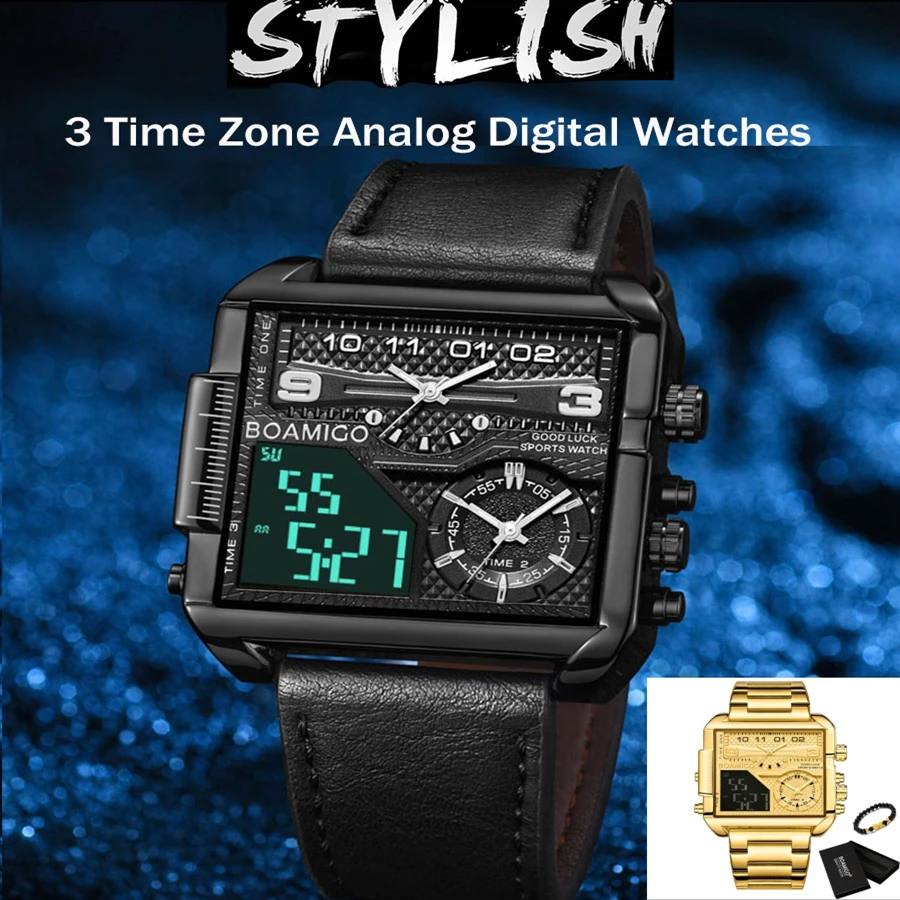 

New BOAMIGO 3 Time Zone Analog Digital Watch Men Luxury Gold Stainless Steel Sport Square Quartz Watches Waterproof Clock 2021