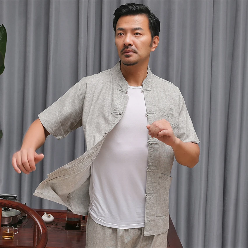 Традиционная китайская одежда для мужчин льняная летняя с коротким рукавом