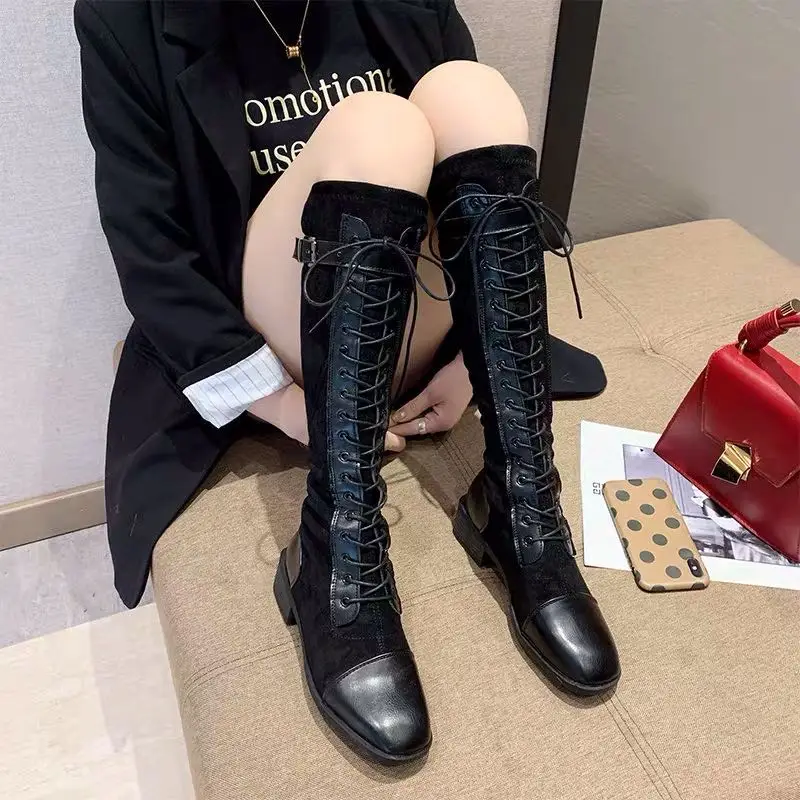 Осень 2020 новые брендовые сапоги на толстом каблуке до колена плюшевые теплые